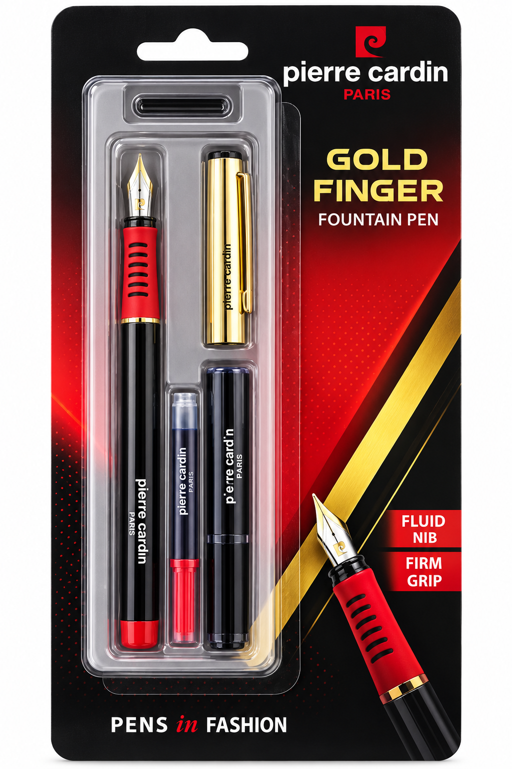 Pierre Cardin Gold Finger Fountain Pen in its original retail blister packaging. The set includes a gold-finish fountain pen with a red grip, a black refill, and a black cap with a gold clip, alongside a separate black refill tube.