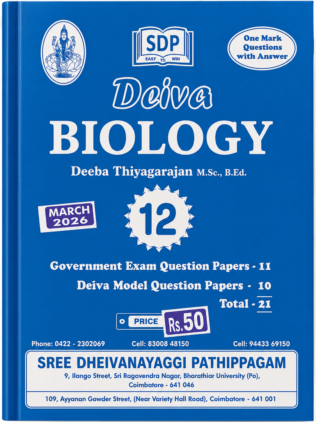 Blue book titled 'Deiva Biology' by Deeba Thiyagarajan with educational content on a blue background
