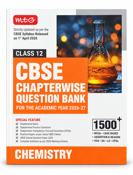 Front cover of an MTG CBSE Chapterwise Question Bank for Class 12 Chemistry, showing a bright orange title block, white text, a red MTG logo, and a photo of a glowing chemistry flask on the right side.