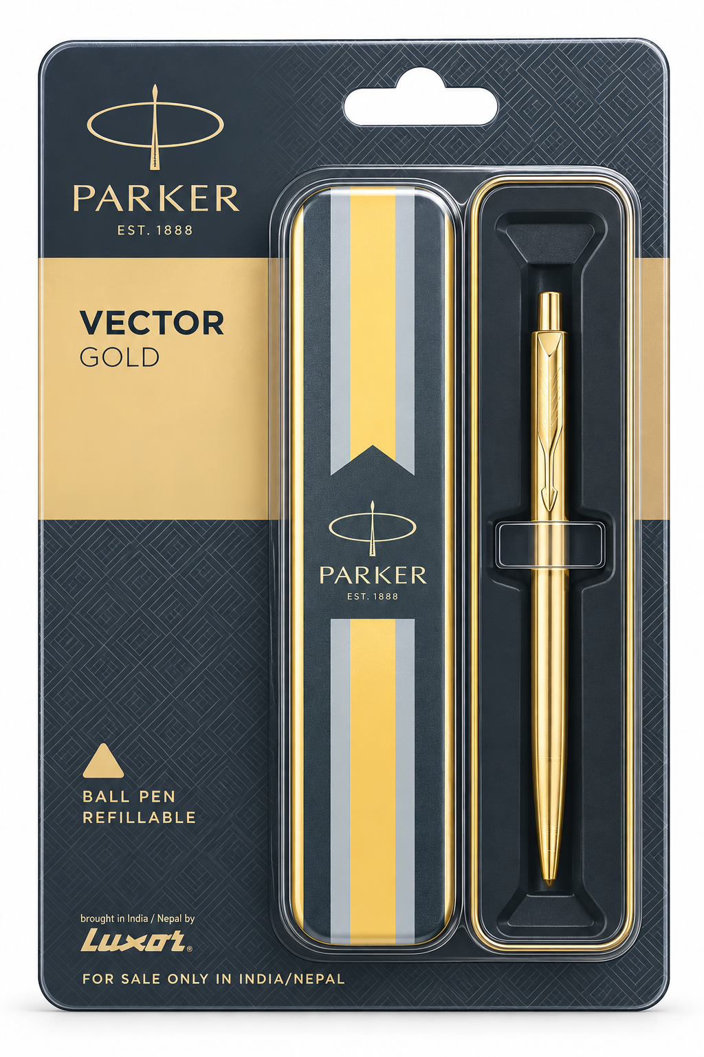Parker Vector Gold ball pen refillable pen in its original retail blister packaging, featuring a gold pen and matching gold-and-gray striped pen case on a dark navy and gold card.
