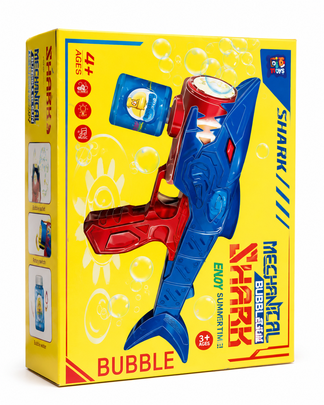 A boxed toy bubble gun shown on a plain white background. The retail box is bright yellow with blue and red graphics and text, including the words 'MECHANICAL SHARK BUBBLE LEADER' and 'BUBBLE LEAD.