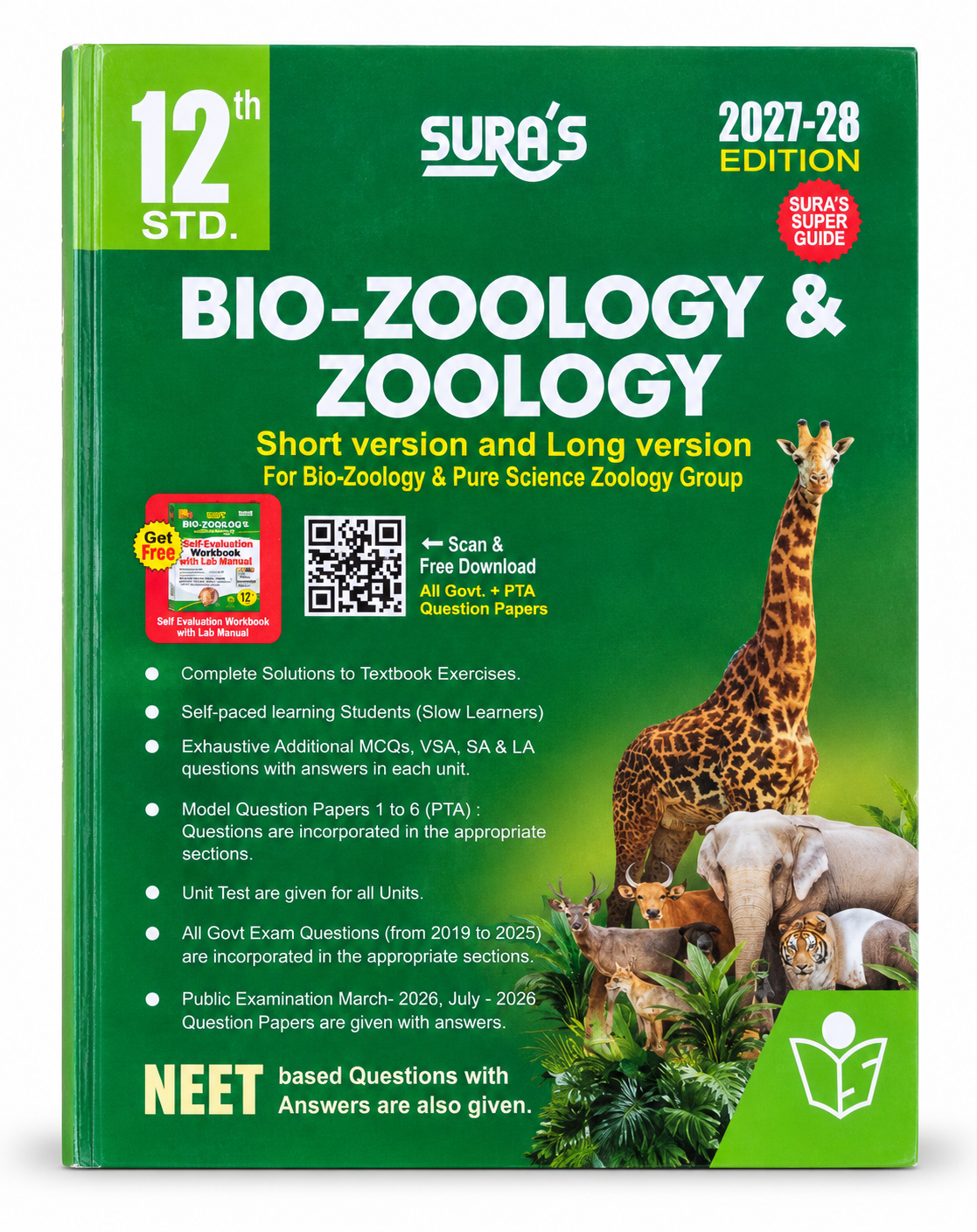 Sura's Bio-Zoology & Zoology Short version and Long version NEET based question paper guide, 12th Std Edition 2027-28, featuring a green cover with animal illustrations and text details.