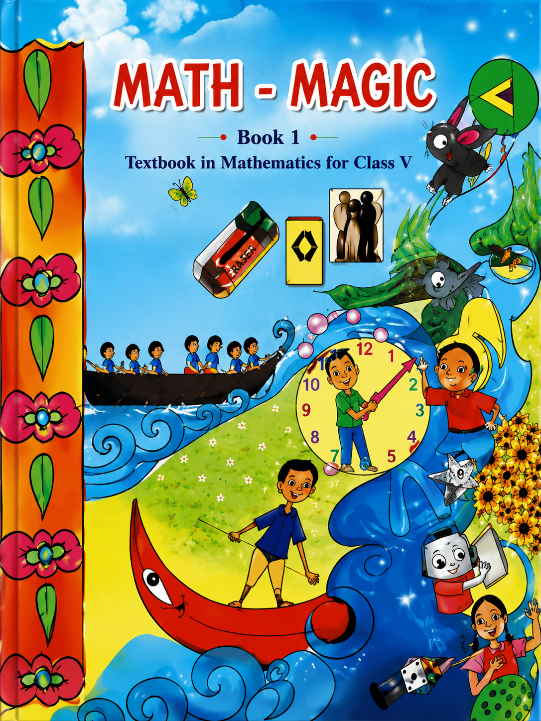 Mathematics textbook cover for Class V with colorful illustrations and text 'Math - Magic'.