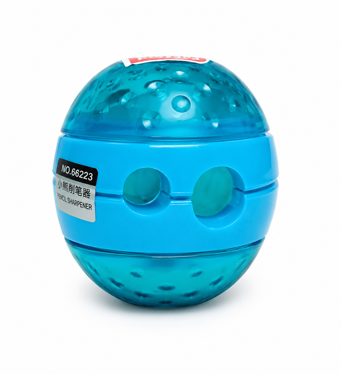 A translucent blue spherical animal chew toy with a solid blue middle band and two circular cutouts, shown on a white background. A black label on the side reads 'NO.
