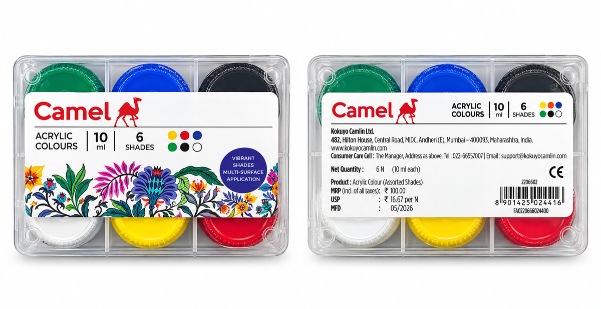 Camel Acrylic Colours 6 Shades 10ml Art and Craft Colour Set
