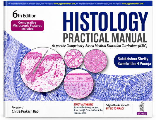 Front cover of the book 'Histology Practical Manual, 6th Edition' by Balakrishna Shetty and Sweekritha H Poonja, published by Jaypee Brothers. The cover features blue and pink microscopic histology images of tissue structures, with prominent blue and black text on a white background.