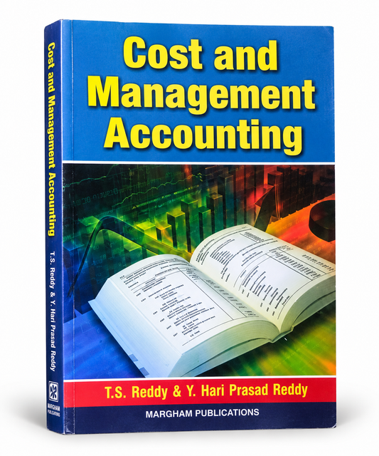 A 3D book cover mockup for 'Cost and Management Accounting' by T.S.