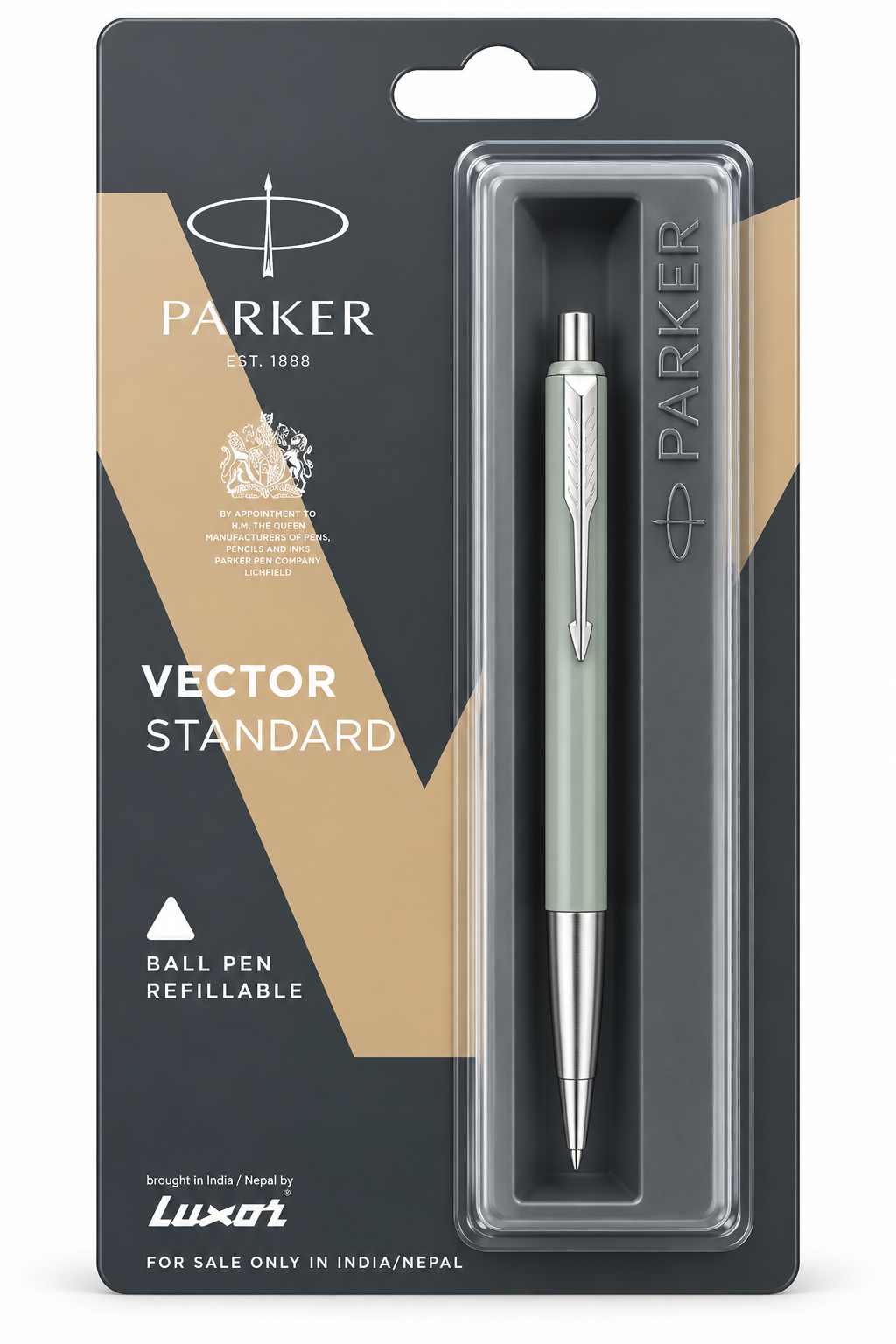 Parker Vector Standard ball pen refillable in a light sage green and silver color, presented in its original retail blister packaging.