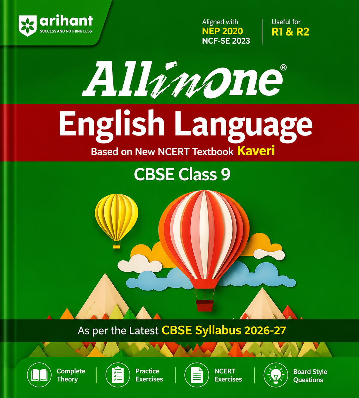 Book cover of 'All in One English Language' for CBSE Class 9 on a green background with hot air balloons.
