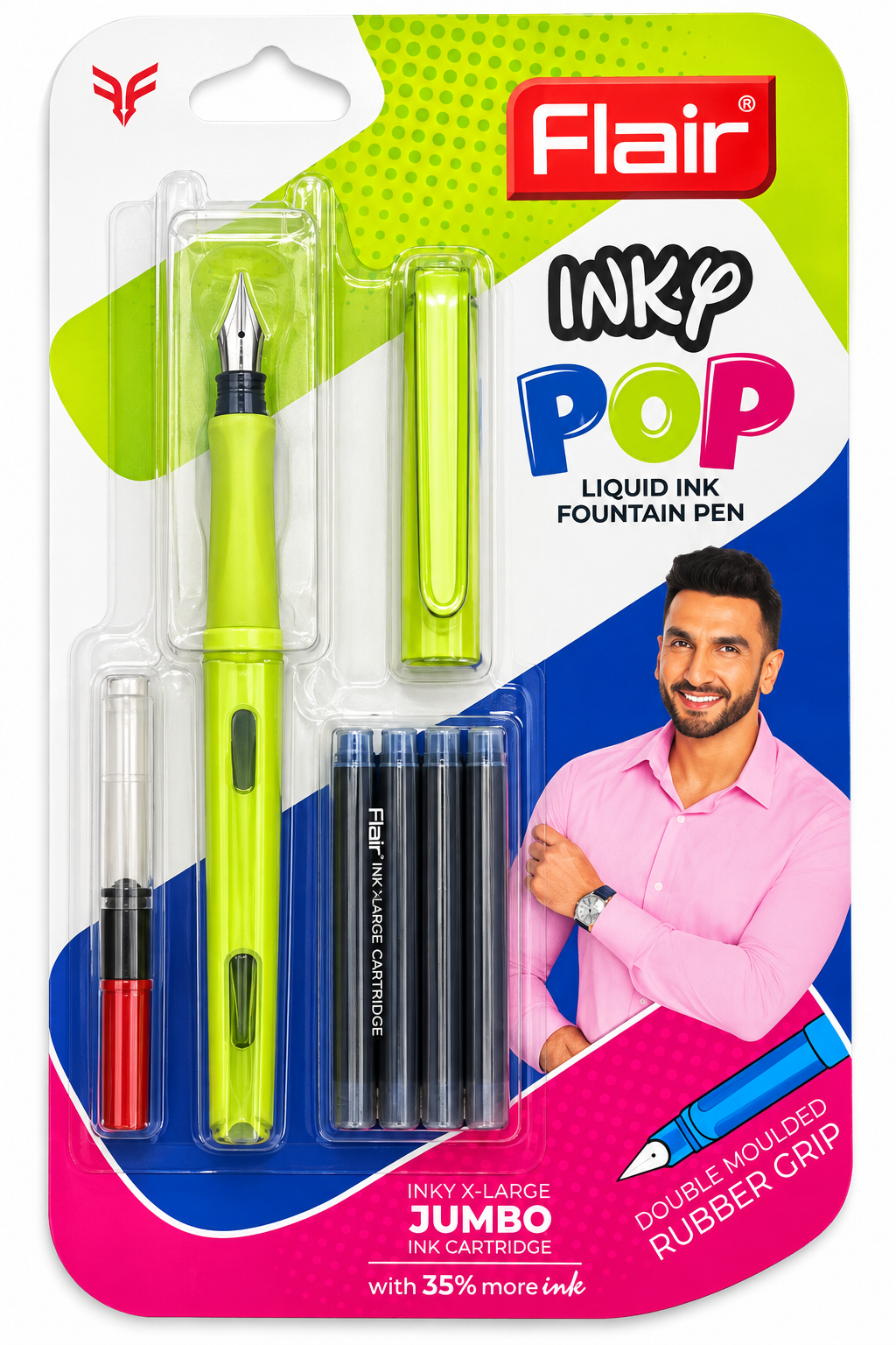 Flair INKP POP Liquid Ink Fountain Pen set in its retail blister packaging, featuring a lime green fountain pen, two ink cartridges, and a pen clip on a bright blue, green, and white card with a model photo.