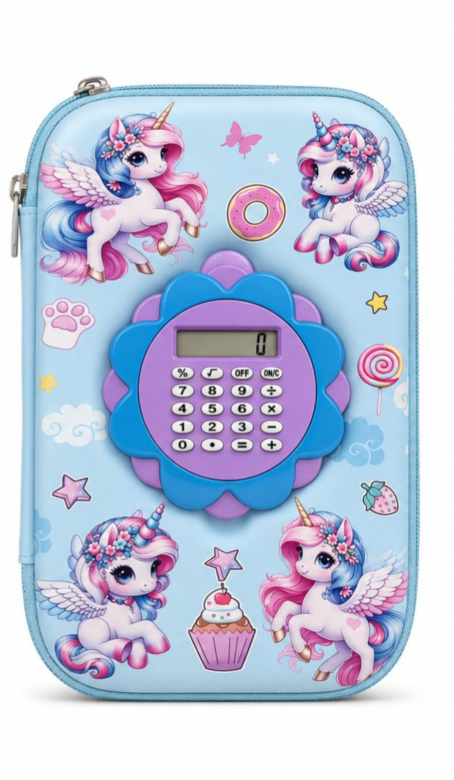 Cute unicorn calculator pencil box for girls with pastel blue hardtop design
