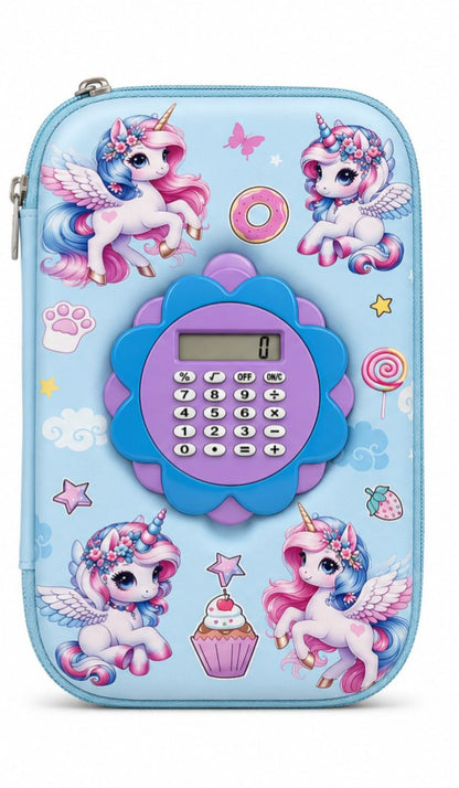 Cute unicorn calculator pencil box for girls with pastel blue hardtop design