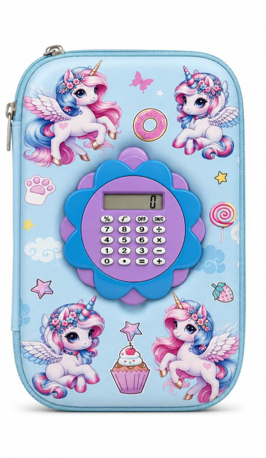 Cute unicorn calculator pencil box for girls with pastel blue hardtop design