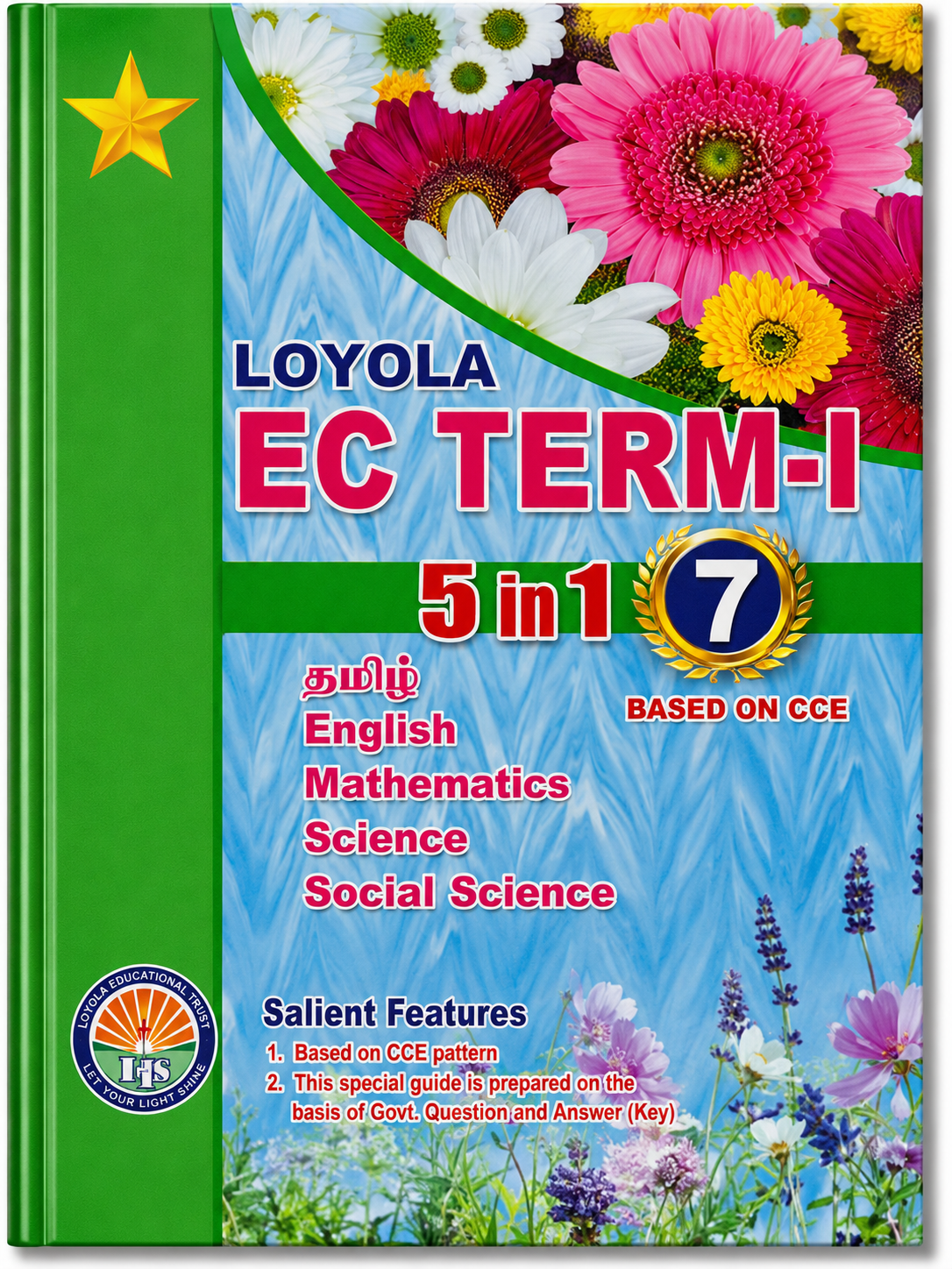 Textbook cover of Loyola EC Term-I with colorful flowers on a green background