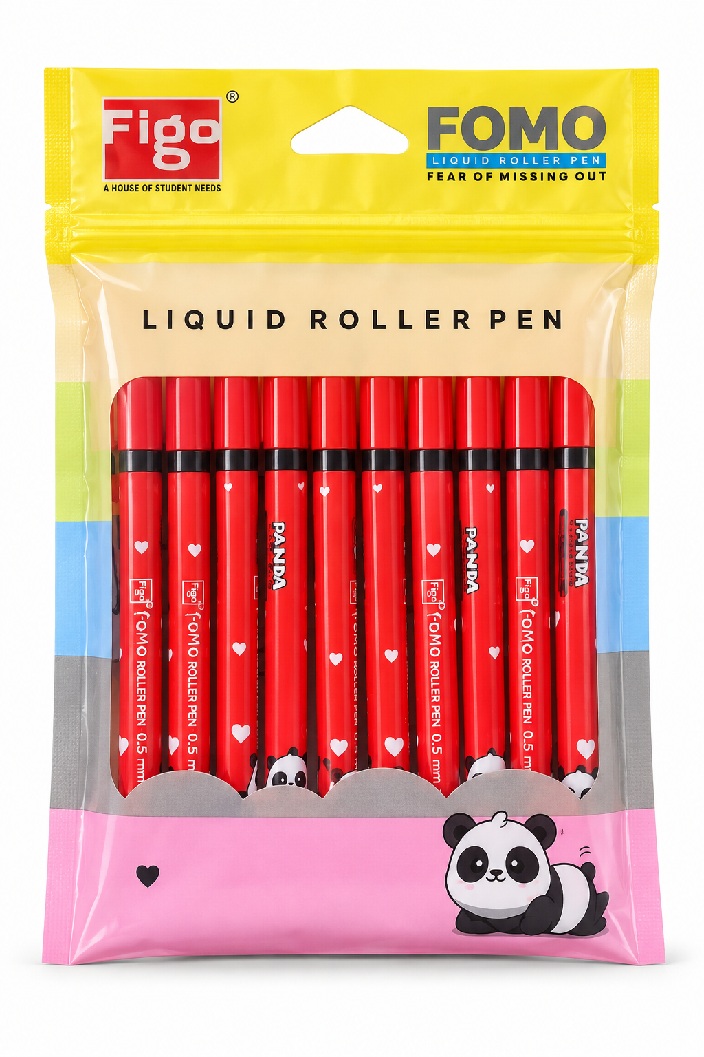 A 10-pack of Figo Fomo Liquid Roller pens in red, sealed in a clear plastic packaging bag with a yellow and pink header card featuring panda illustrations.