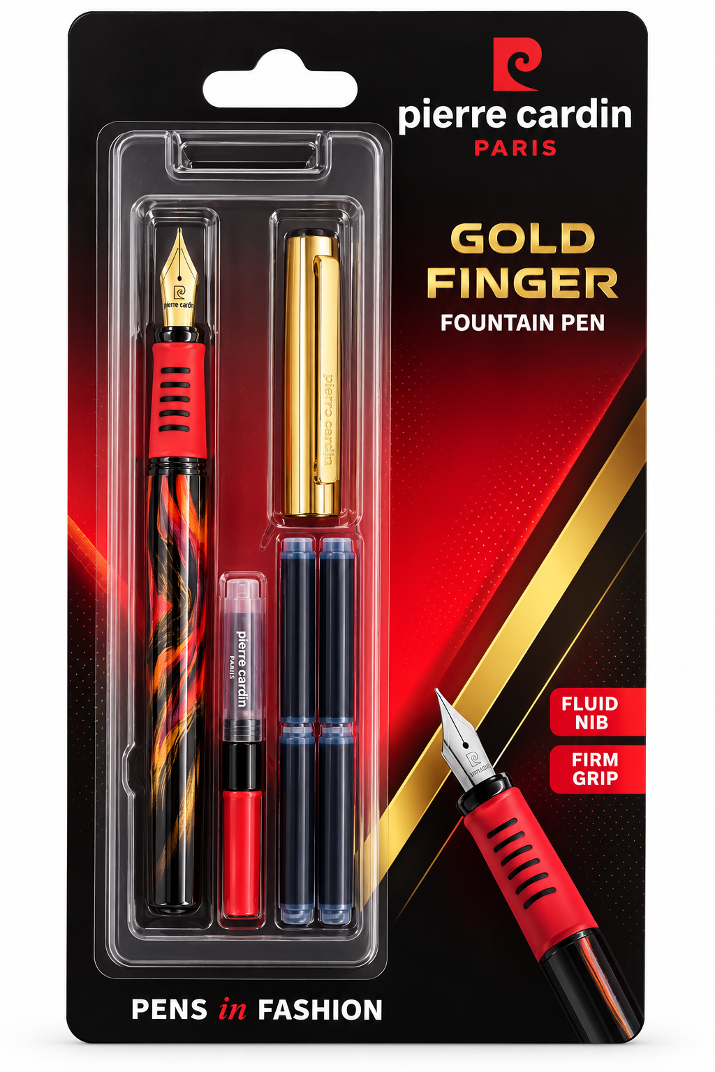 Pierre Cardin Gold Finger Fountain Pen set in its original retail blister packaging, featuring a gold nib fountain pen, two refill cartridges, and a red grip accessory.