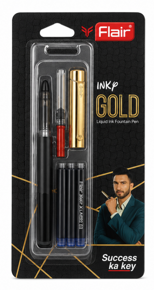 Flair Inky Gold premium fountain pen set with ink cartridges