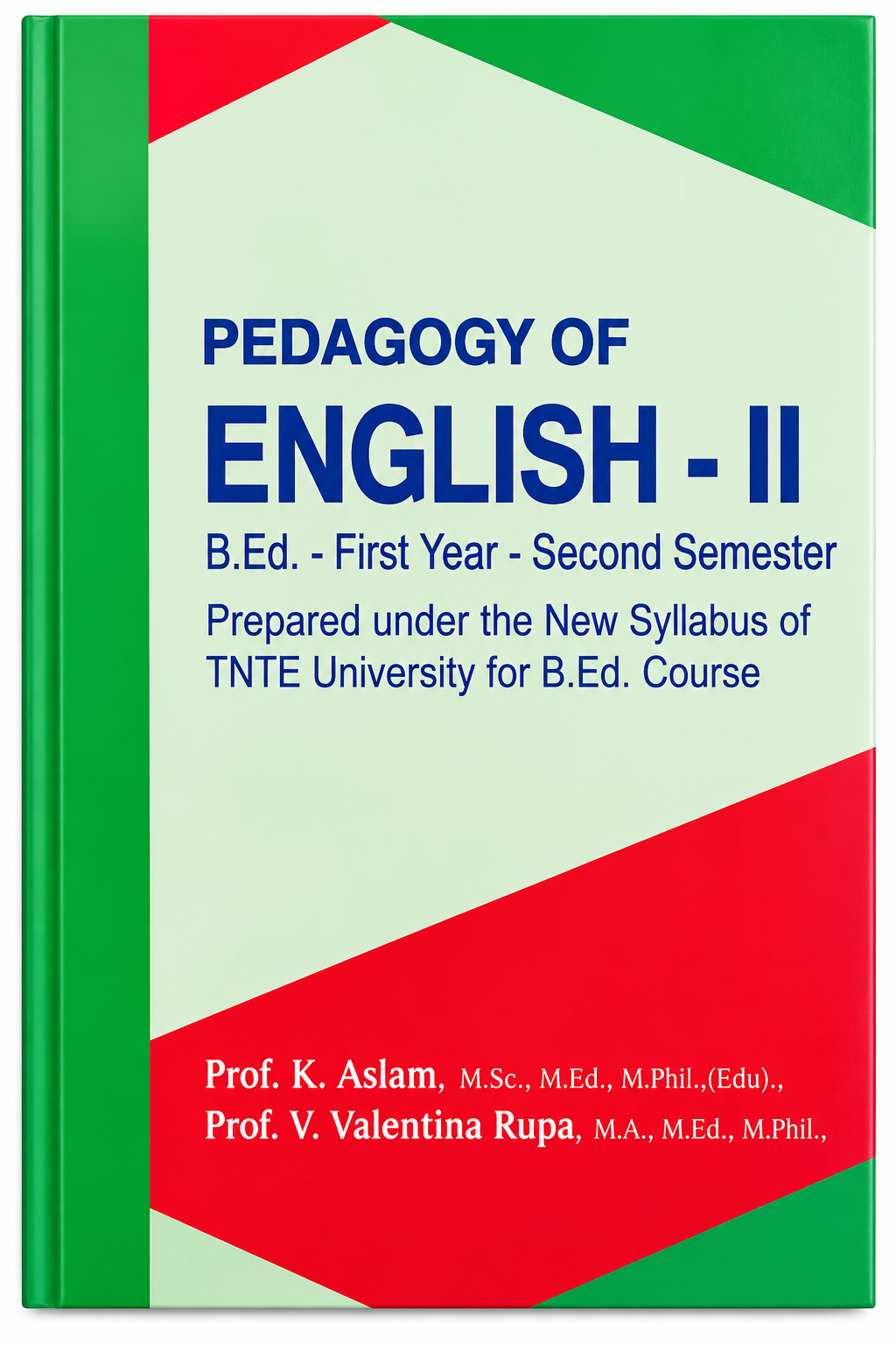 A book cover for 'Pedagogy of English - II' with a green and red geometric design and blue text, shown on a plain white background.