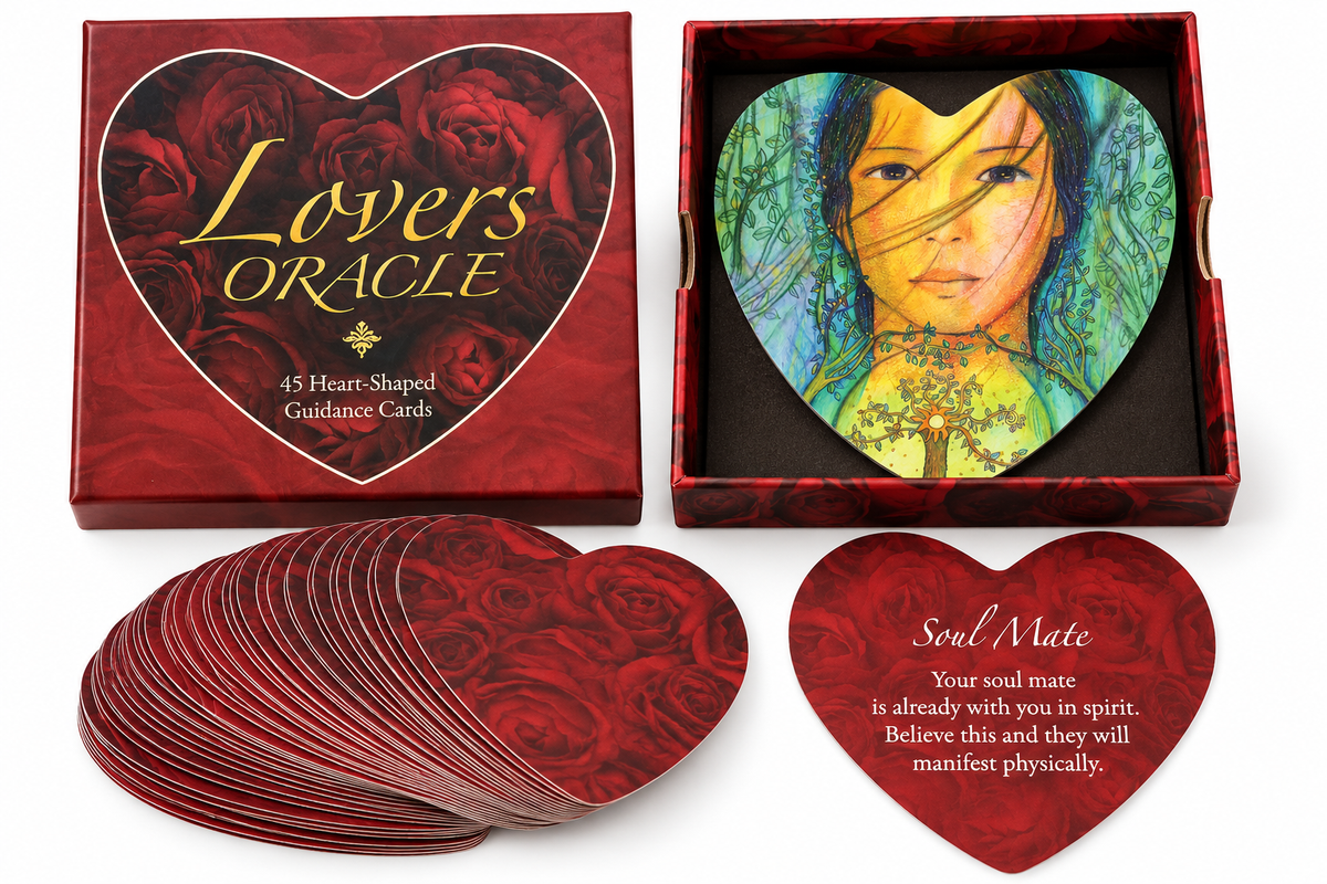 Lovers Oracle card deck set with a red heart-shaped box, an open box showing a colorful heart illustration, a stack of red heart-shaped cards, and one sample card reading 'Soul Mate' on a white background.
