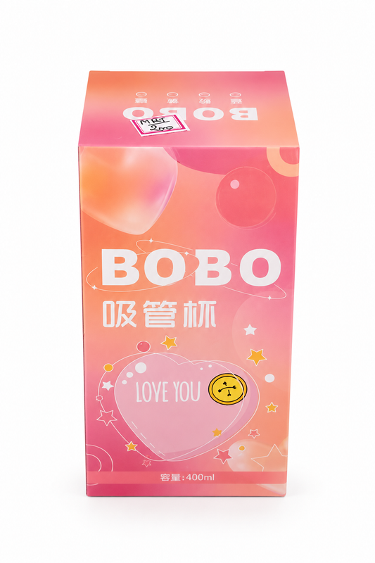 A pink and orange gradient cardboard box for BOBO吸管杯 (sipping cups) with 'BOBO' and 'LOVE YOU' printed on the front, set against a plain white background.