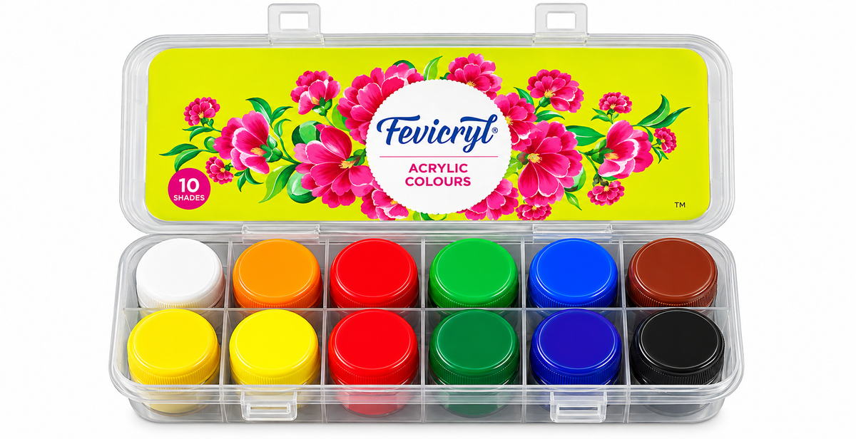 Fevierylt 10-piece acrylic paint set in a clear plastic case with a bright yellow floral lid, showing the 10 paint pots inside.