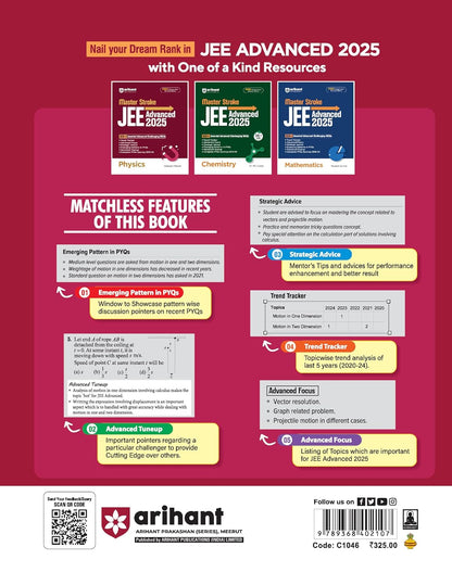 Back cover of Arihant JEE Advanced 2025 Physics book, featuring a dark pink background with product details, feature callouts, a barcode, and QR code.