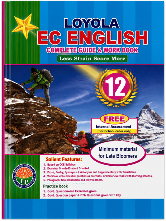 Loyola EC English Complete Guide & Workbook for Class 12 with mountain climbing illustration