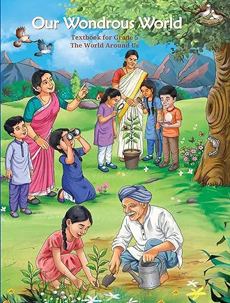Textbook cover for Grade 5 titled 'Our Wondrous World' with children and adults in a garden setting.