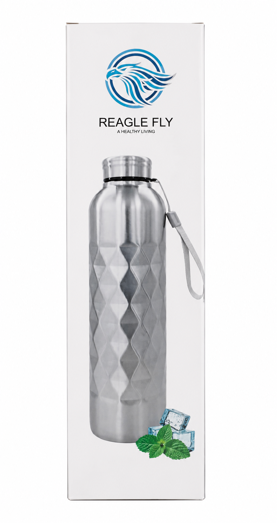 A tall white product box for a Reagle Fly insulated water bottle. The box features a printed image of a faceted silver water bottle with a carrying loop, a blue logo, and small mint leaves and ice cubes near the bottom.