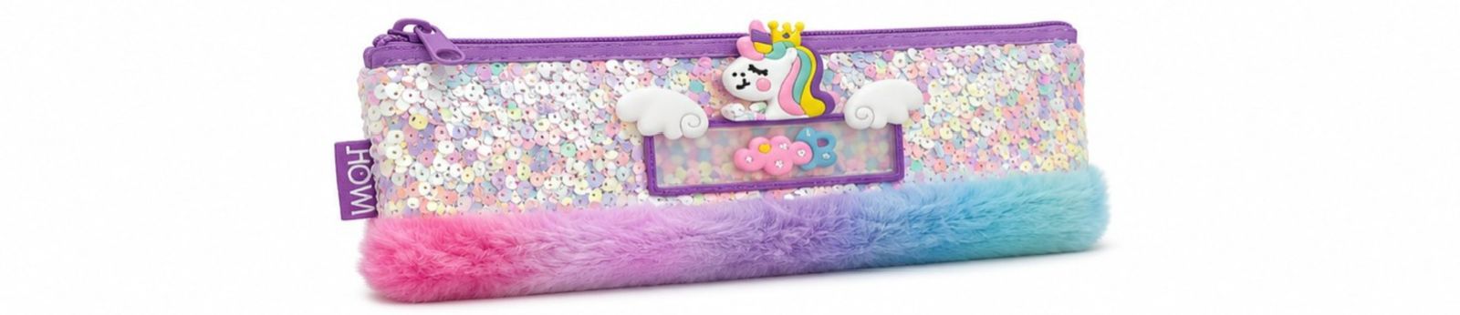 Cute glitter unicorn pencil pouch with rainbow fur design for girls