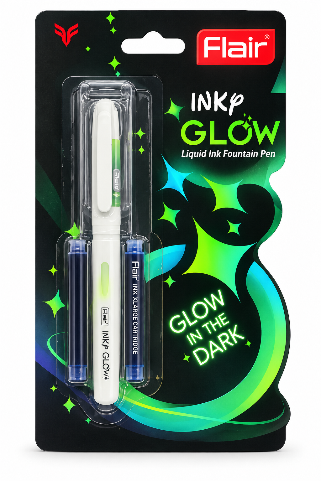 Flair Inkp Glow liquid ink fountain pen in its original blister packaging, featuring a white pen with green accents and two blue ink cartridges.