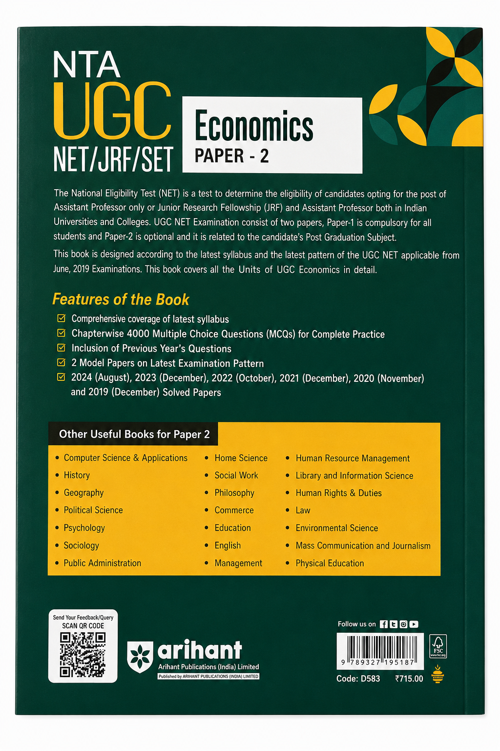 NTA UGC NET/JRF/SET Paper 2 Economics | Arihant | Model Papers & Latest Solved Papers