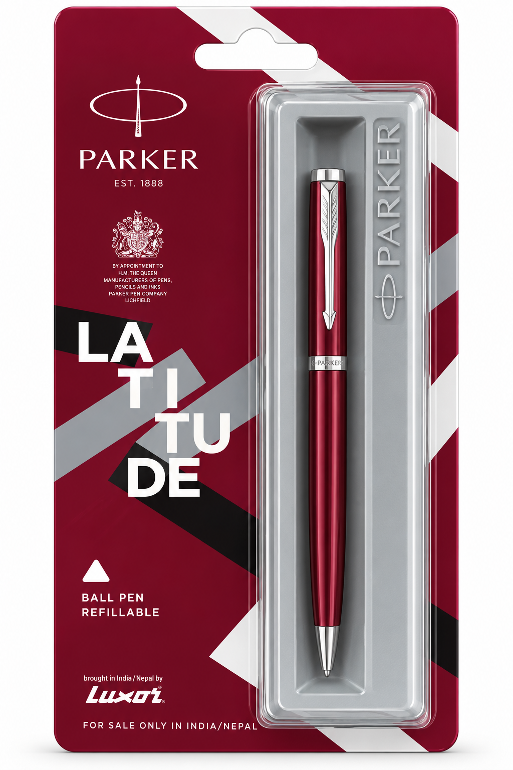 Parker Latitude ball pen in a deep red metallic finish, packaged in its original blister card with a maroon and white design and Luxottle branding.