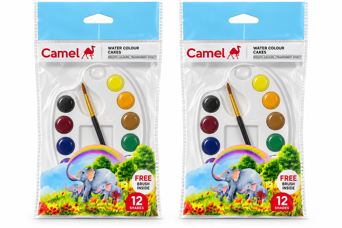 Two packages of Camel Water Colour Cares paint sets shown side by side on a white background. Each package contains 12 watercolor paints in various colors, a white paint palette, and a small paintbrush.