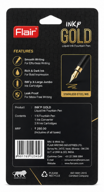 Flair Inky Gold Liquid Ink Fountain Pen Set with Extra Ink Cartridges