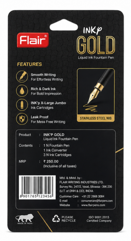 Flair Inky Gold Liquid Ink Fountain Pen Set with Extra Ink Cartridges