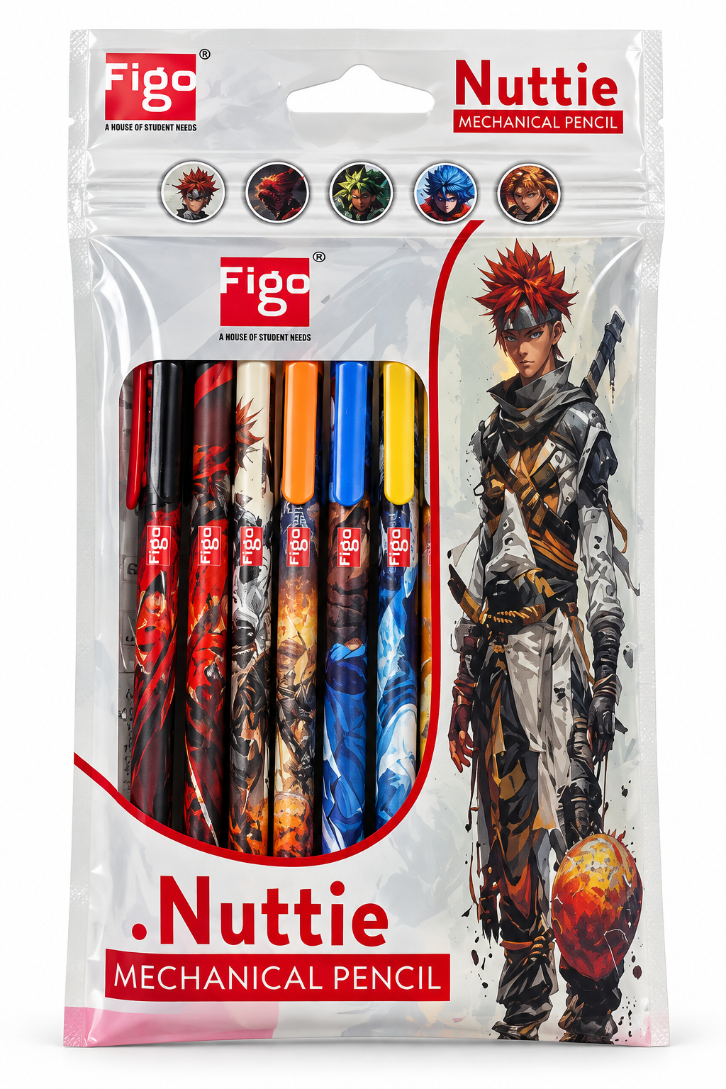 Figo Nuttie Mechanical Pencil set in a clear plastic blister pack with anime character artwork on the front. The package contains six mechanical pencils with colorful barrels and printed graphics, including red, black, orange, blue, yellow, and white designs.