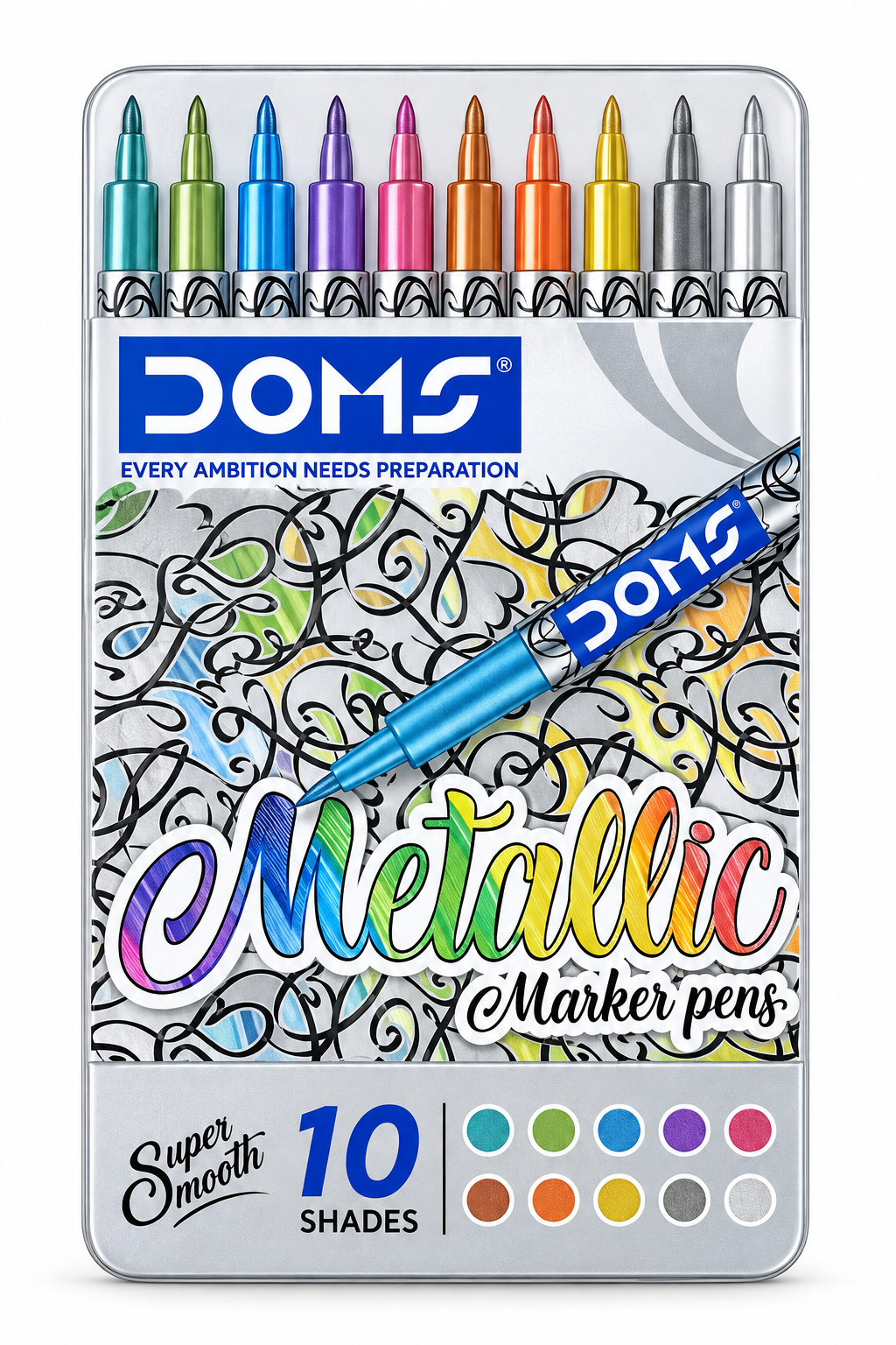 A pack of 10 Doms Metallic Marker pens in a silver metal tin, featuring 10 different colors and a blue metallic pen shown in the center.