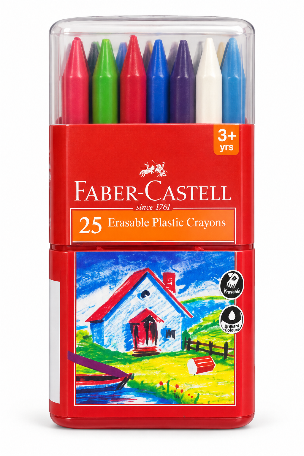 Faber-Castell 25 Erasable Plastic Crayons in a red plastic case with a clear top, showing the crayon tips in multiple colors, on a white background.