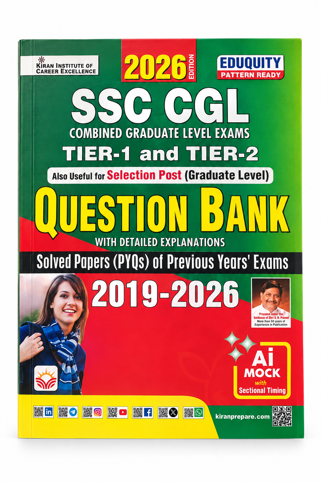 SSC CGL 2026 Question Bank book by Kiran Institute of Career Excellence, featuring a bright green, red, and yellow cover with text and a small photo of a woman.