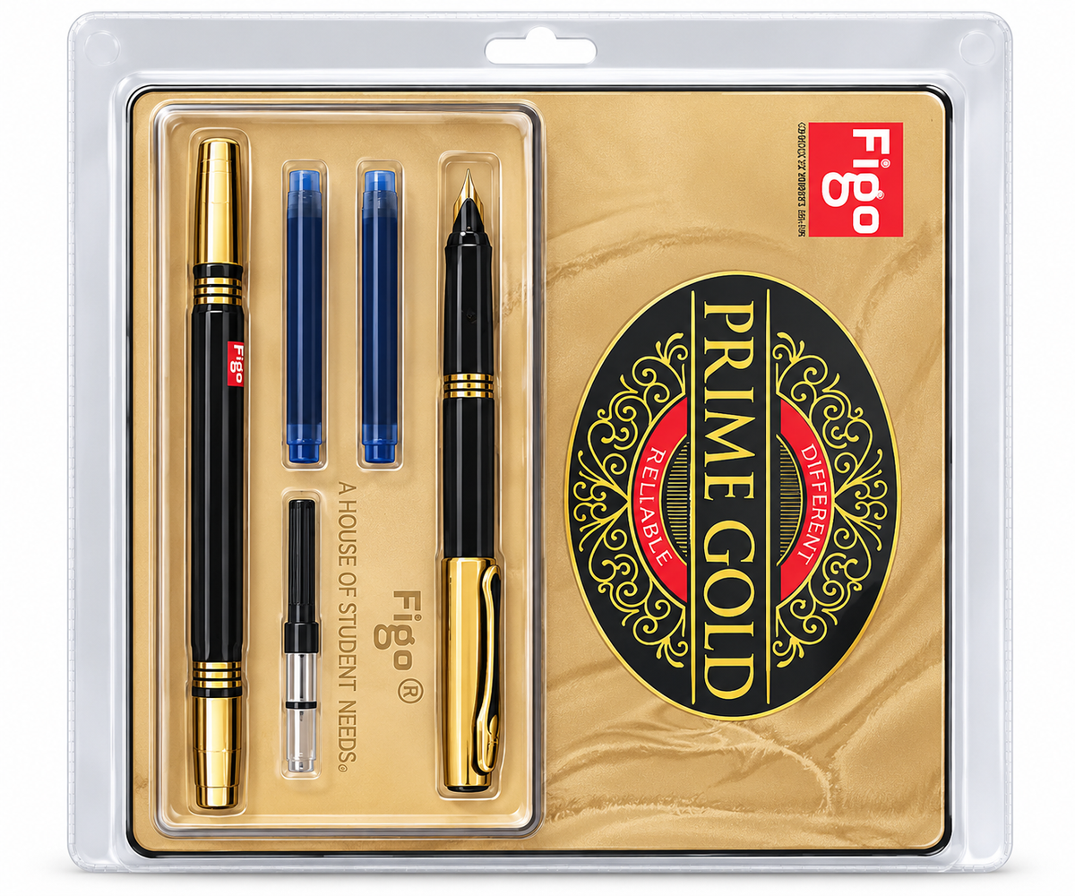 Figo Prime Gold stationery set in a clear plastic blister pack, featuring two black and gold ballpoint pens, two blue gel pens, a black and silver rollerball pen, and a gold card with a large black and red Figo Prime Gold logo.
