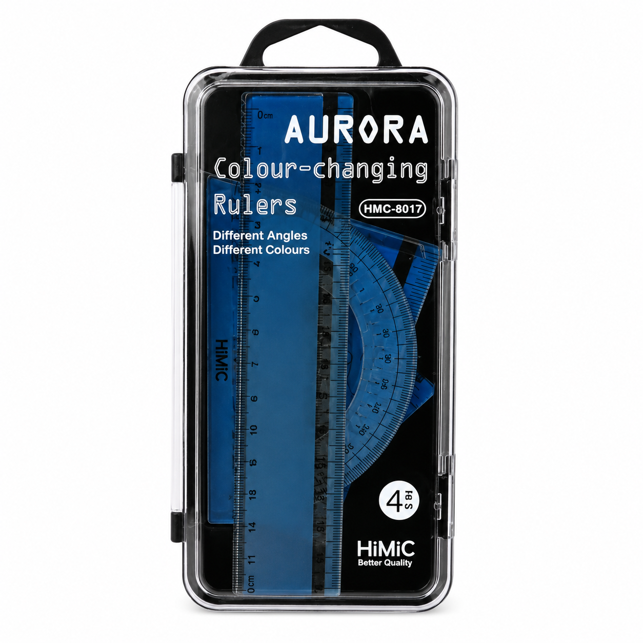 HiMiC Aurora colour-changing ruler set with transparent storage case including 15 cm ruler, set squares, and protractor.