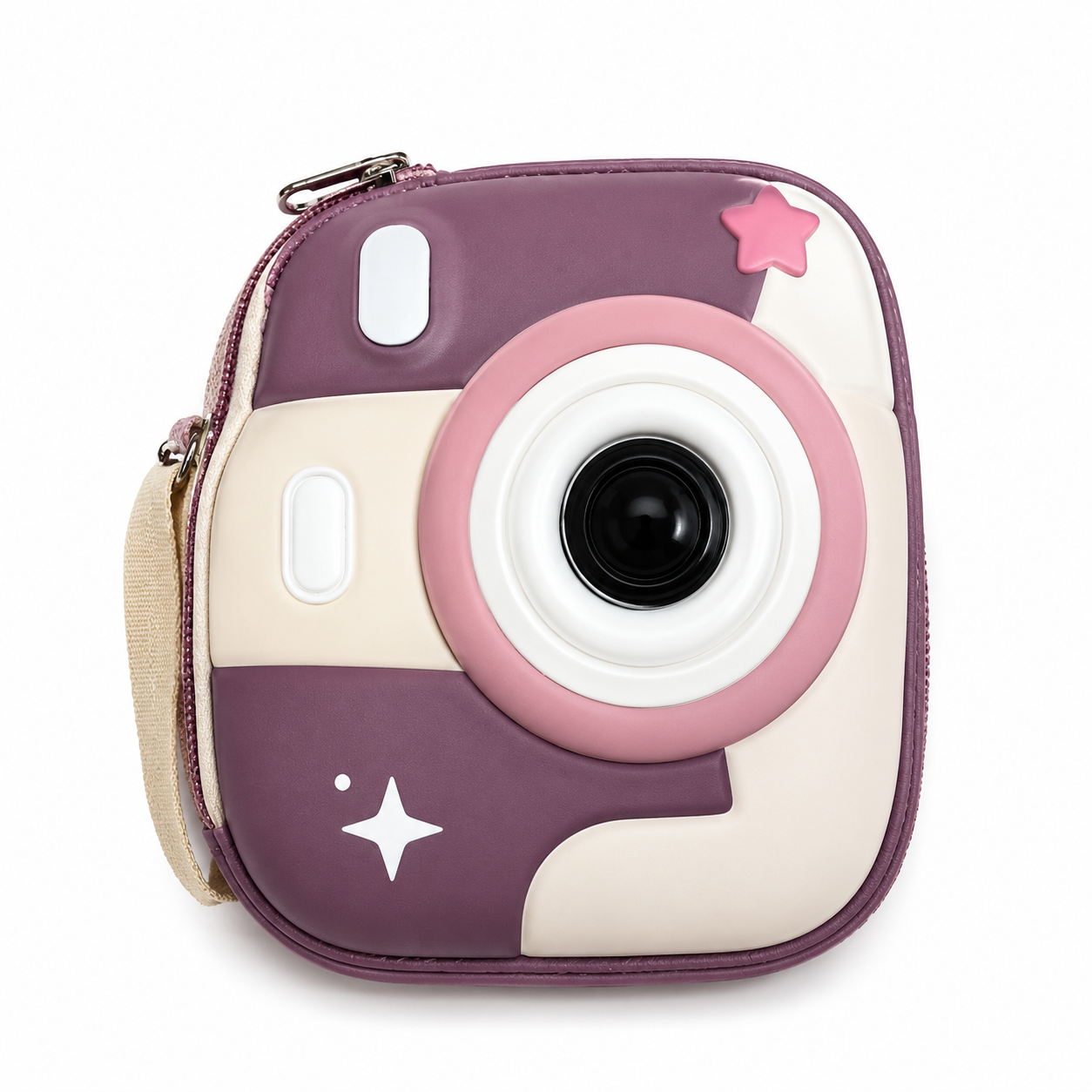 A cute, retro-styled mini camera case designed to look like a toy camera, featuring a purple and cream body with pink accents, a black lens, and a small beige shoulder strap on a white background.