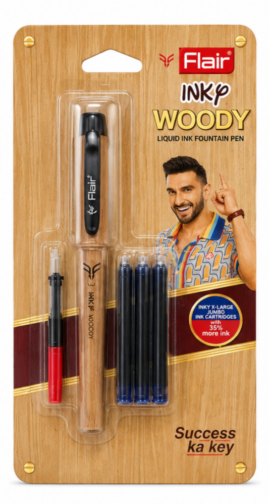 Flair Inky Woody fountain pen set with packaging featuring a man and product details.