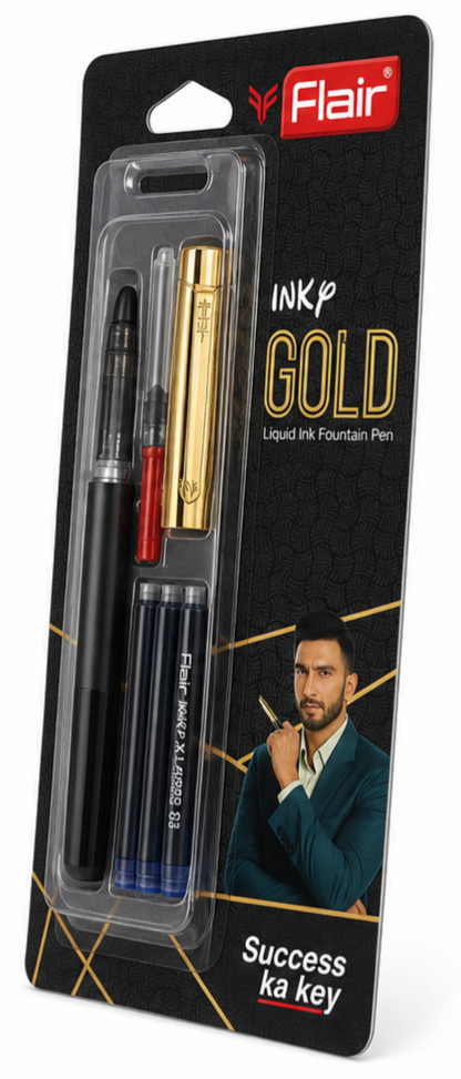 Flair Inky Gold Liquid Ink Fountain Pen Set with Extra Ink Cartridges