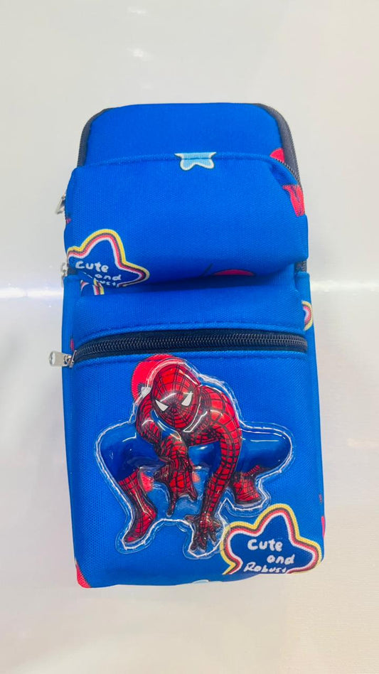 Blue Spider Hero kids pencil pouch with multiple zip compartments