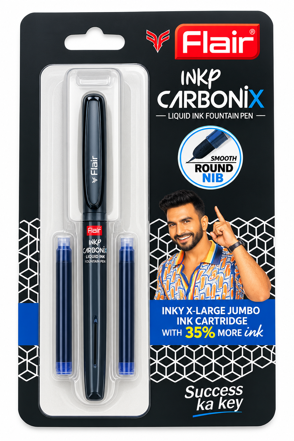 Flair InkP Carbonix liquid ink fountain pen in its retail blister packaging, featuring a black pen cartridge, two blue ink cartridges, and a printed card with product branding and a model graphic.