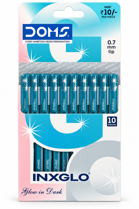 DOMS INXGLO Glow in Dark Ball Pen – Blue | Pack of 10