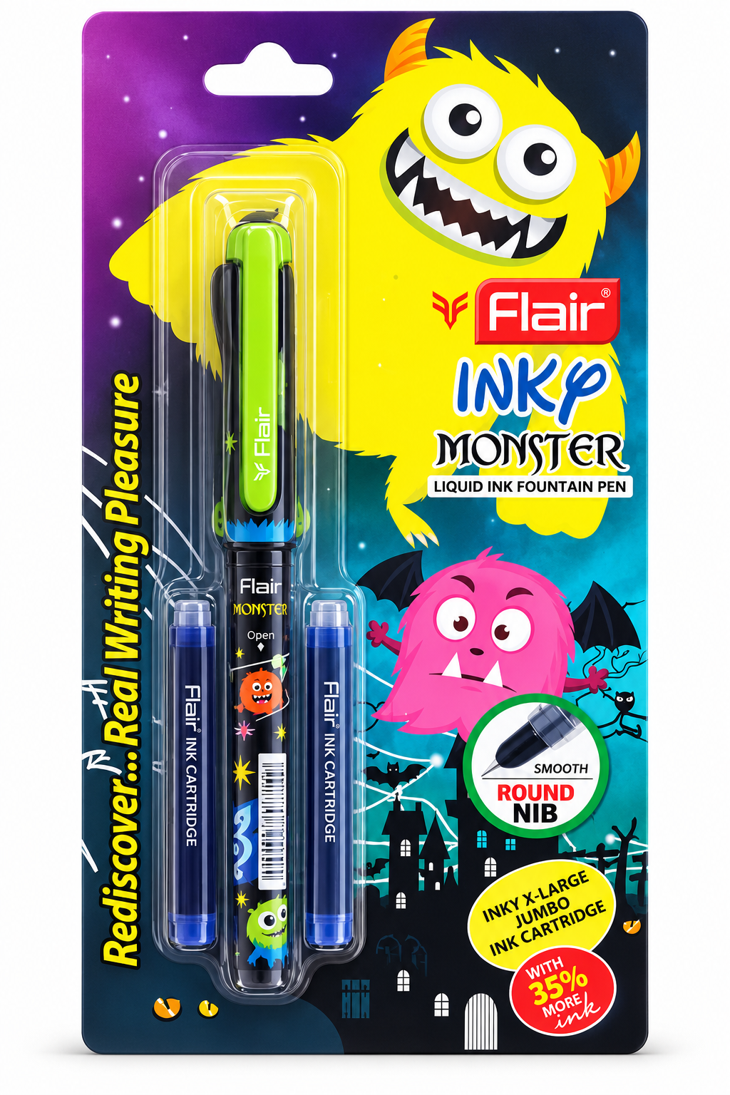 Flair Ink Monster Liquid Ink Fountain Pen set in its original blister packaging, featuring a green and black pen, two blue ink cartridges, and a colorful cartoon monster design.