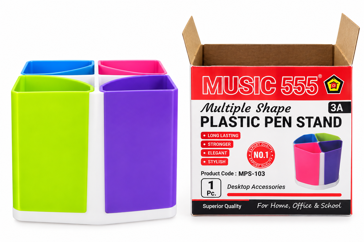 A 3A multiple shape plastic pen stand with four compartments in green, blue, pink, and purple, shown next to its open cardboard packaging box by MUSIC 555.